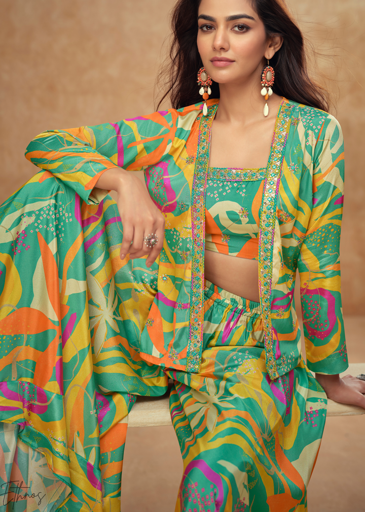 Multi-Green Chinon Shrug Choli Palazzo Set