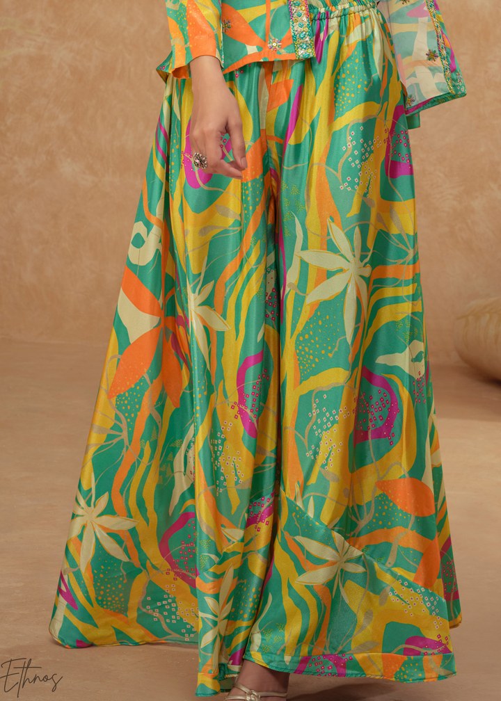 Multi-Green Chinon Shrug Choli Palazzo Set