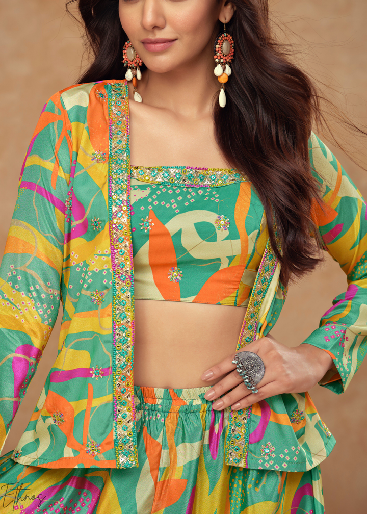 Multi-Green Chinon Shrug Choli Palazzo Set