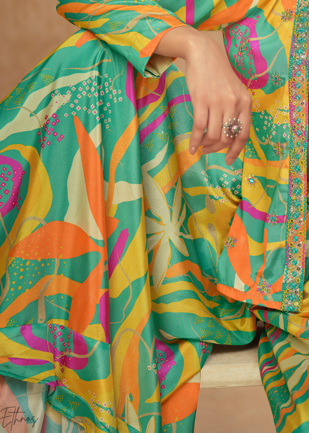 Multi-Green Chinon Shrug Choli Palazzo Set