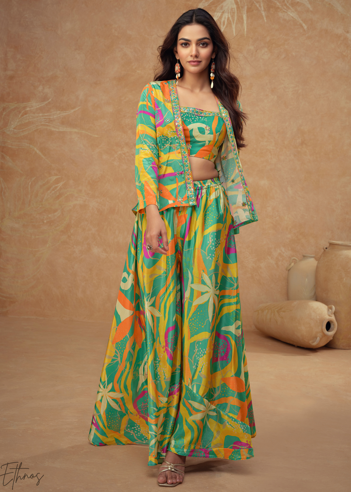 Multi-Green Chinon Shrug Choli Palazzo Set