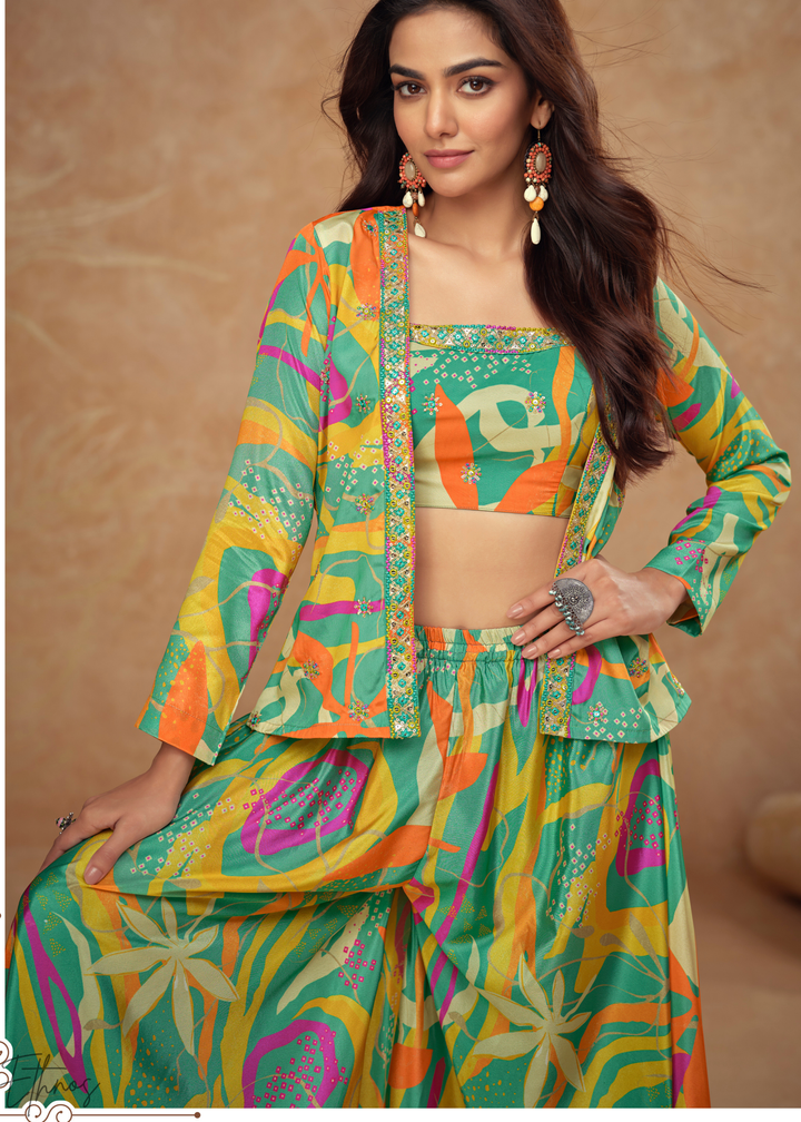 Multi-Green Chinon Shrug Choli Palazzo Set