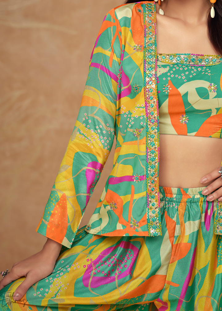 Multi-Green Chinon Shrug Choli Palazzo Set