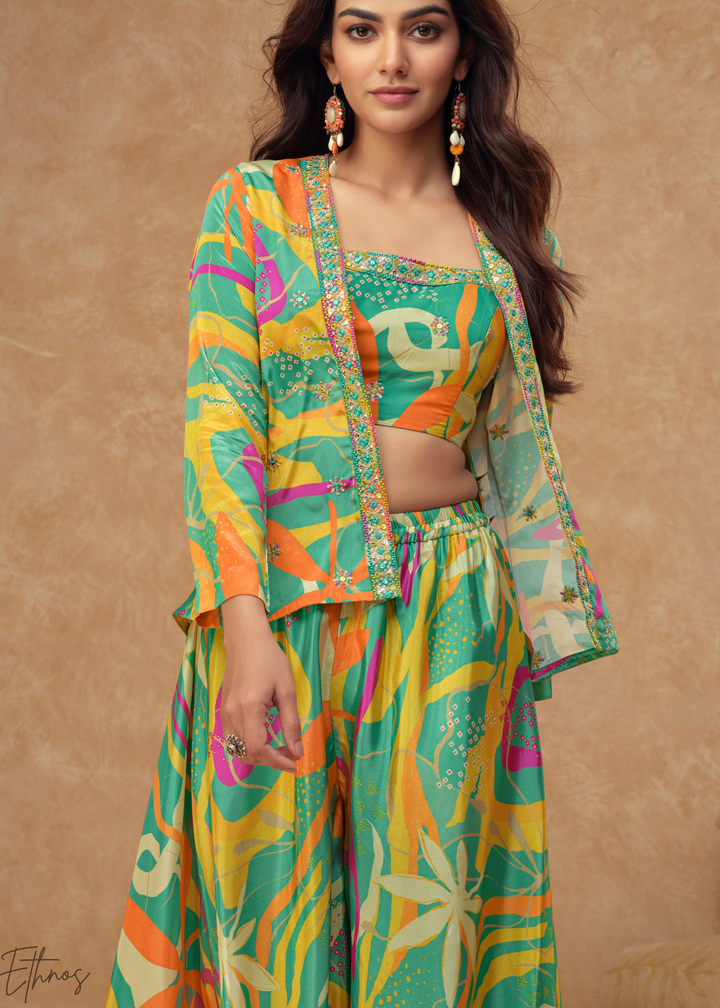 Multi-Green Chinon Shrug Choli Palazzo Set