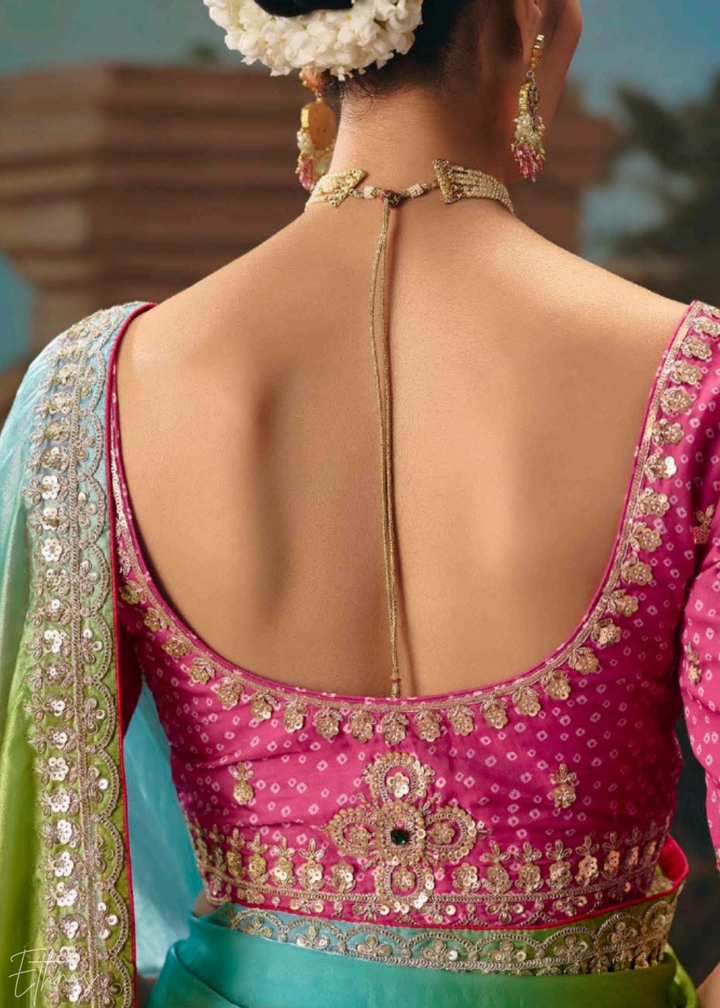 Multi-Colored Pink Sequins Organza Saree
