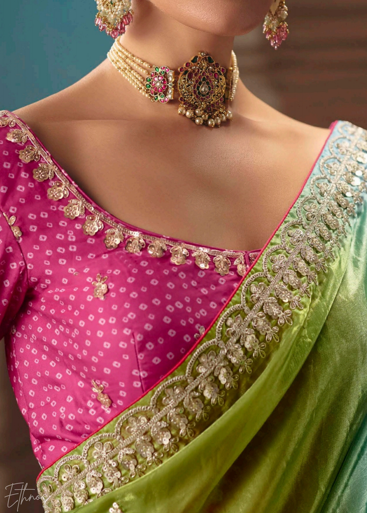 Multi-Colored Pink Sequins Organza Saree