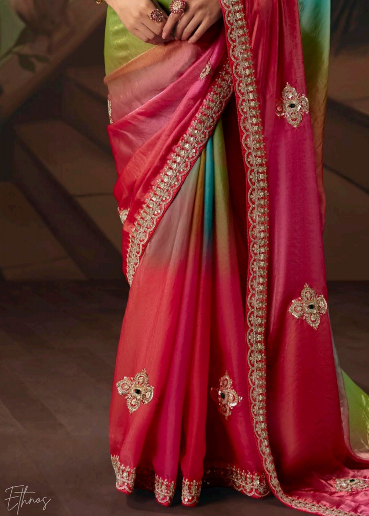 Multi-Colored Pink Sequins Organza Saree