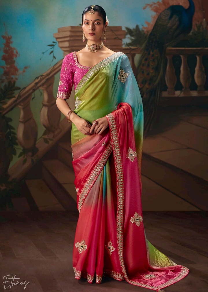 Multi-Colored Pink Sequins Organza Saree