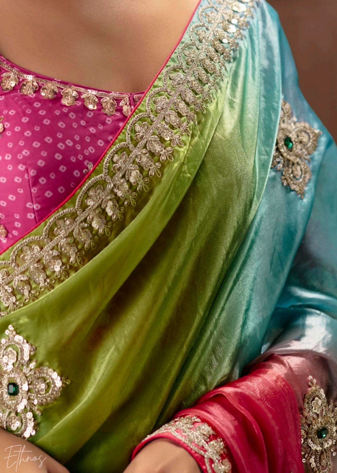 Multi-Colored Pink Sequins Organza Saree
