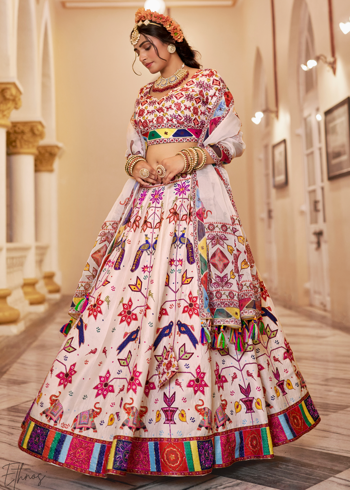 Multi-colored Ivory Architectural-Print Silk Lehenga