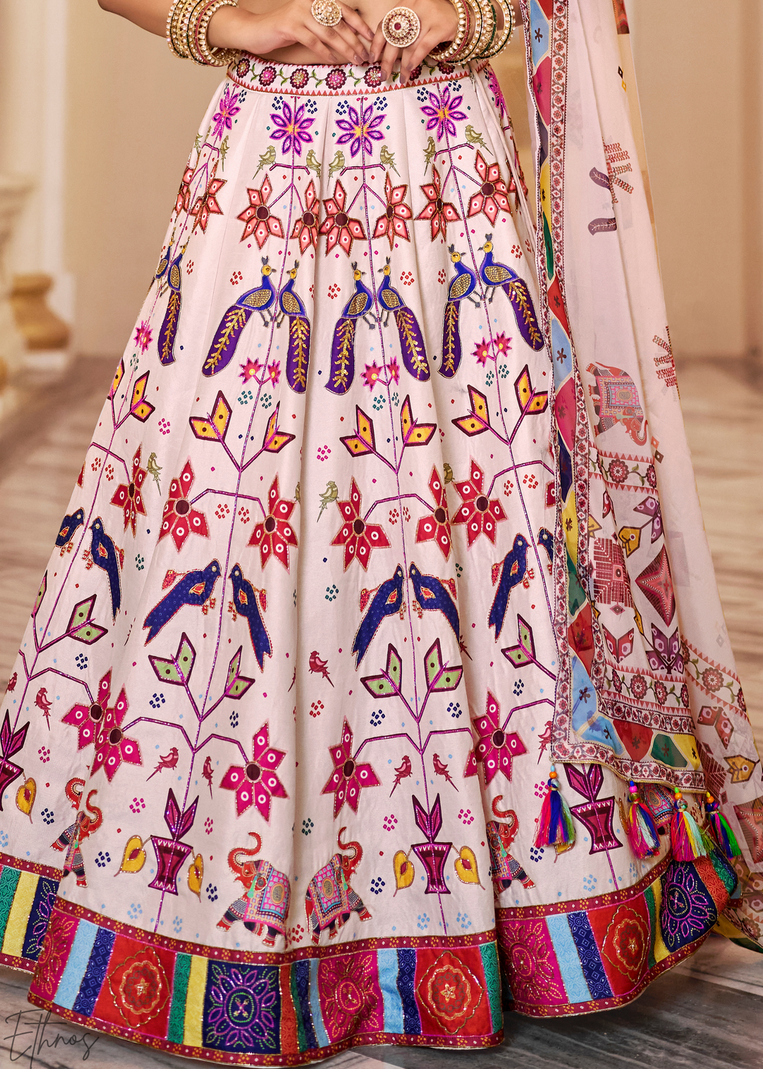 Multi-colored Ivory Architectural-Print Silk Lehenga
