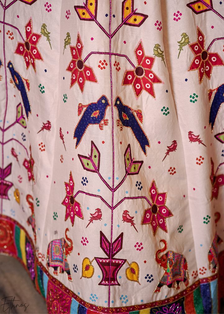 Multi-colored Ivory Architectural-Print Silk Lehenga