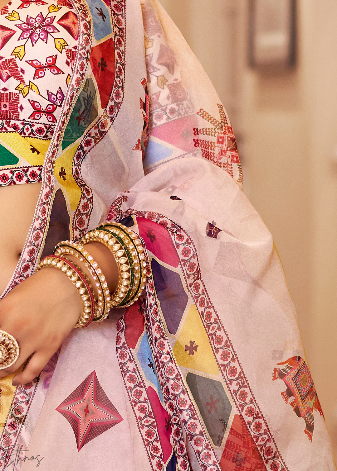 Multi-colored Ivory Architectural-Print Silk Lehenga