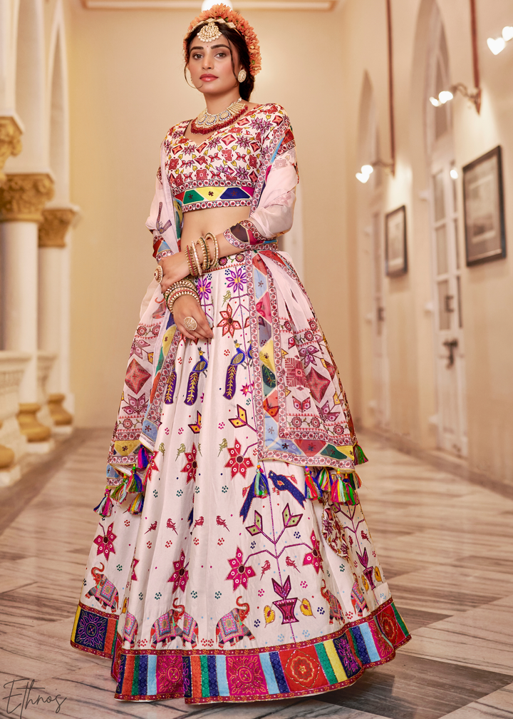 Multi-colored Ivory Architectural-Print Silk Lehenga