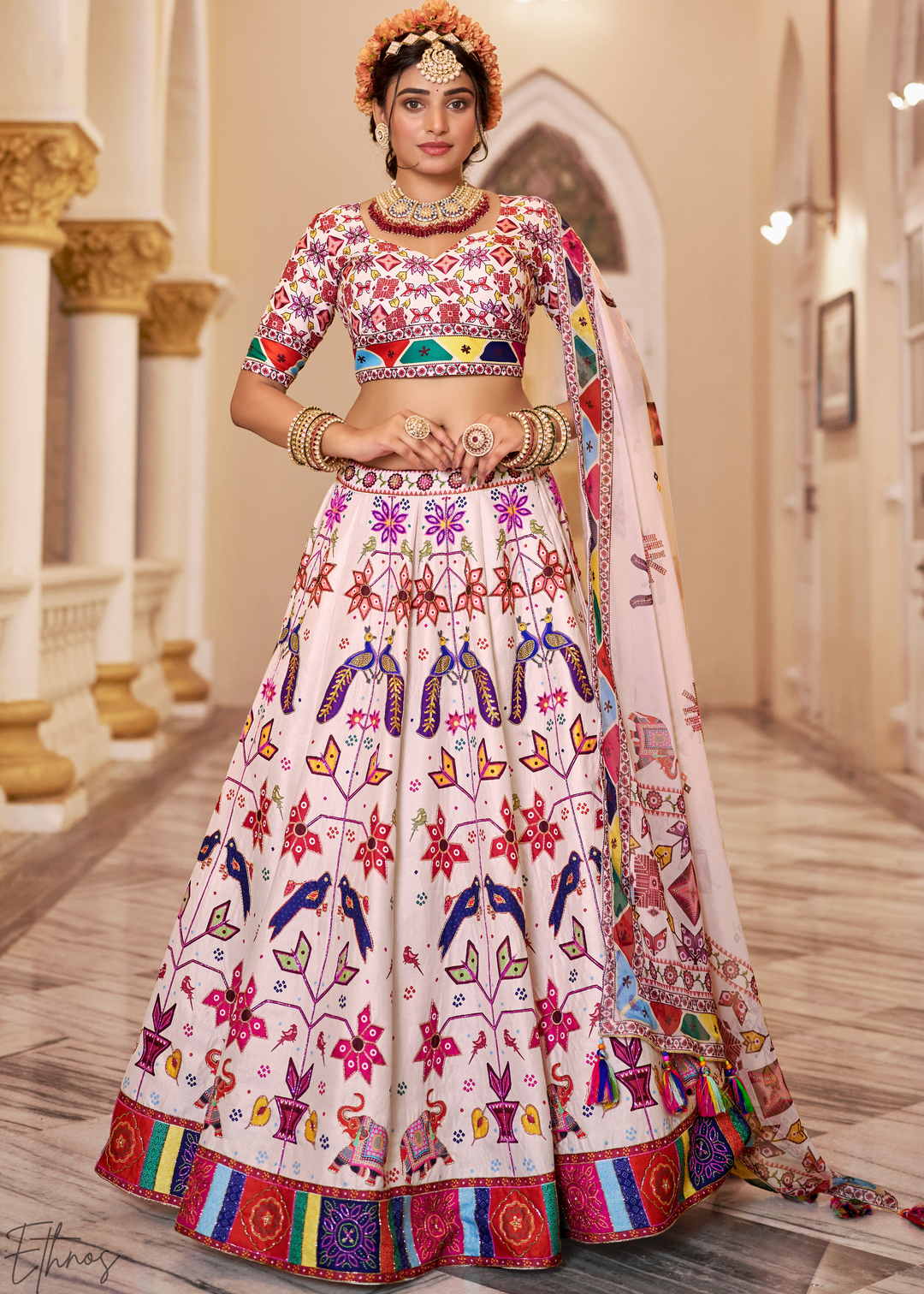 Multi-colored Ivory Architectural-Print Silk Lehenga