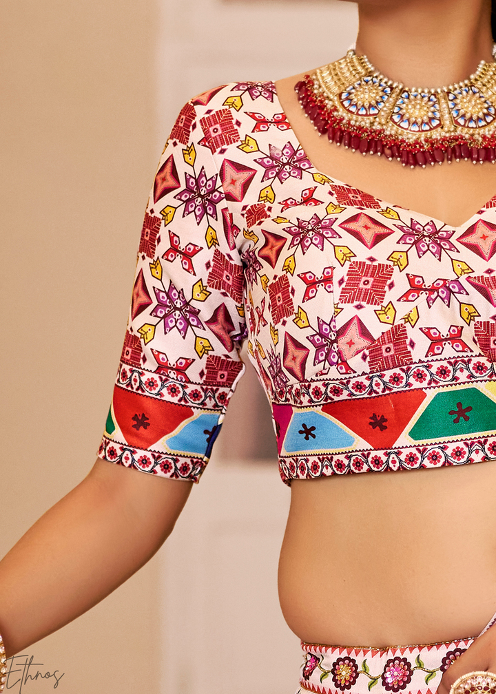 Multi-colored Ivory Architectural-Print Silk Lehenga