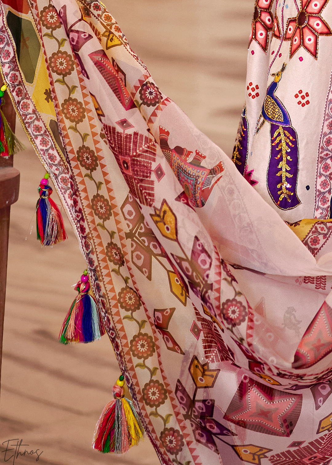 Multi-colored Ivory Architectural-Print Silk Lehenga