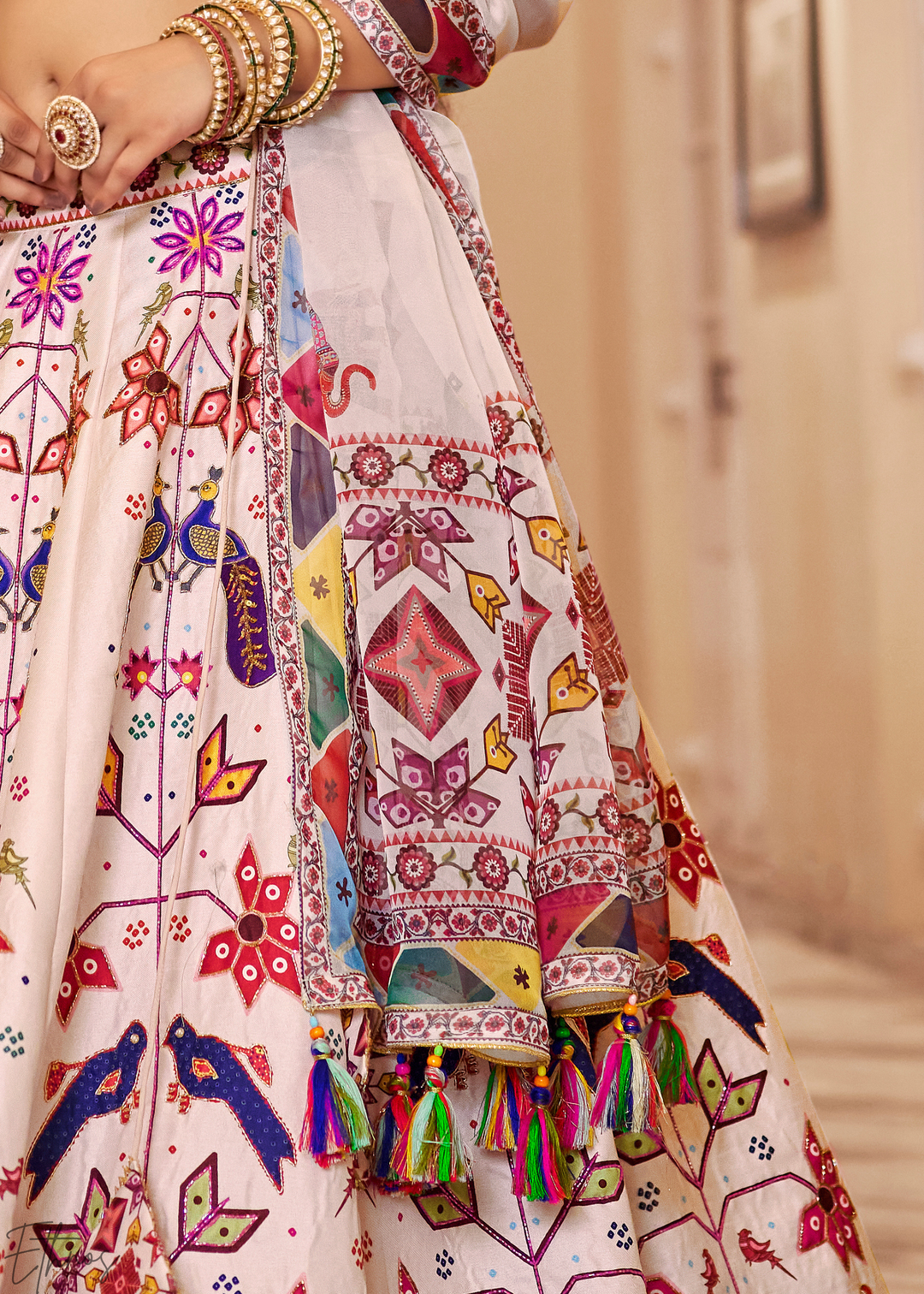 Multi-colored Ivory Architectural-Print Silk Lehenga