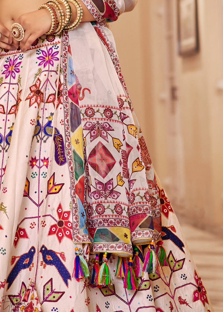 Multi-colored Ivory Architectural-Print Silk Lehenga