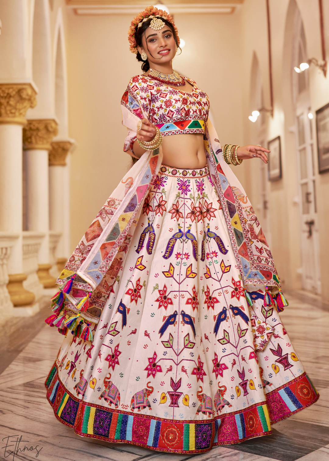Multi-colored Ivory Architectural-Print Silk Lehenga
