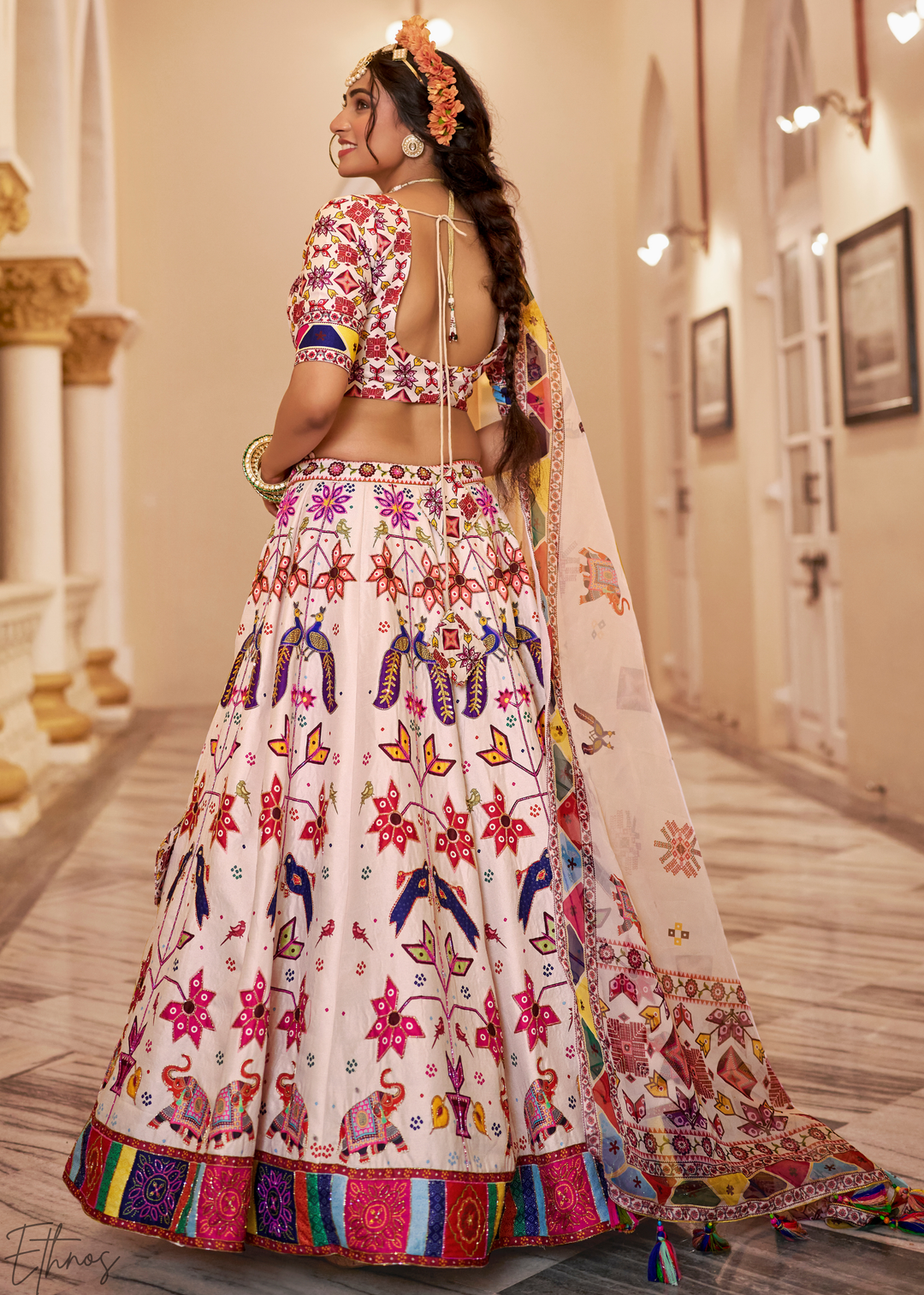 Multi-colored Ivory Architectural-Print Silk Lehenga