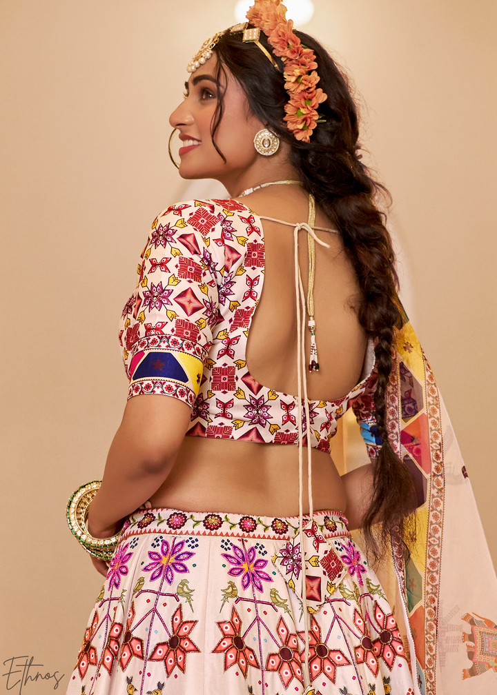 Multi-colored Ivory Architectural-Print Silk Lehenga