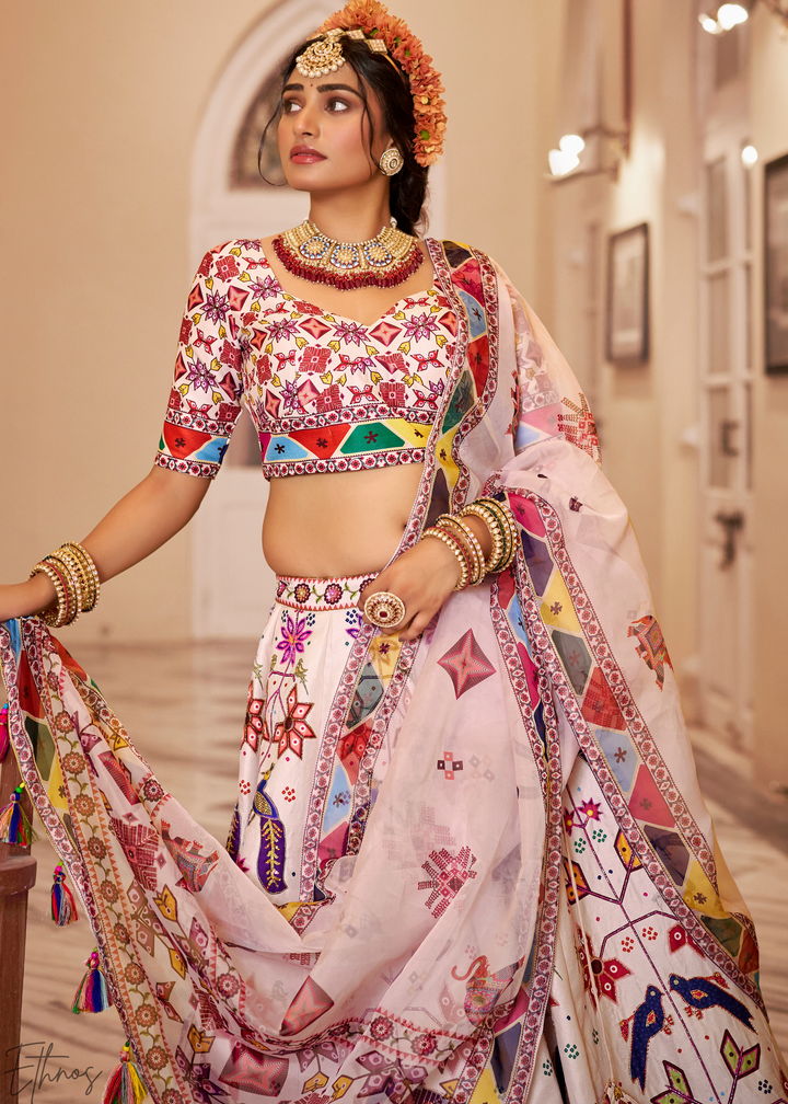 Multi-colored Ivory Architectural-Print Silk Lehenga
