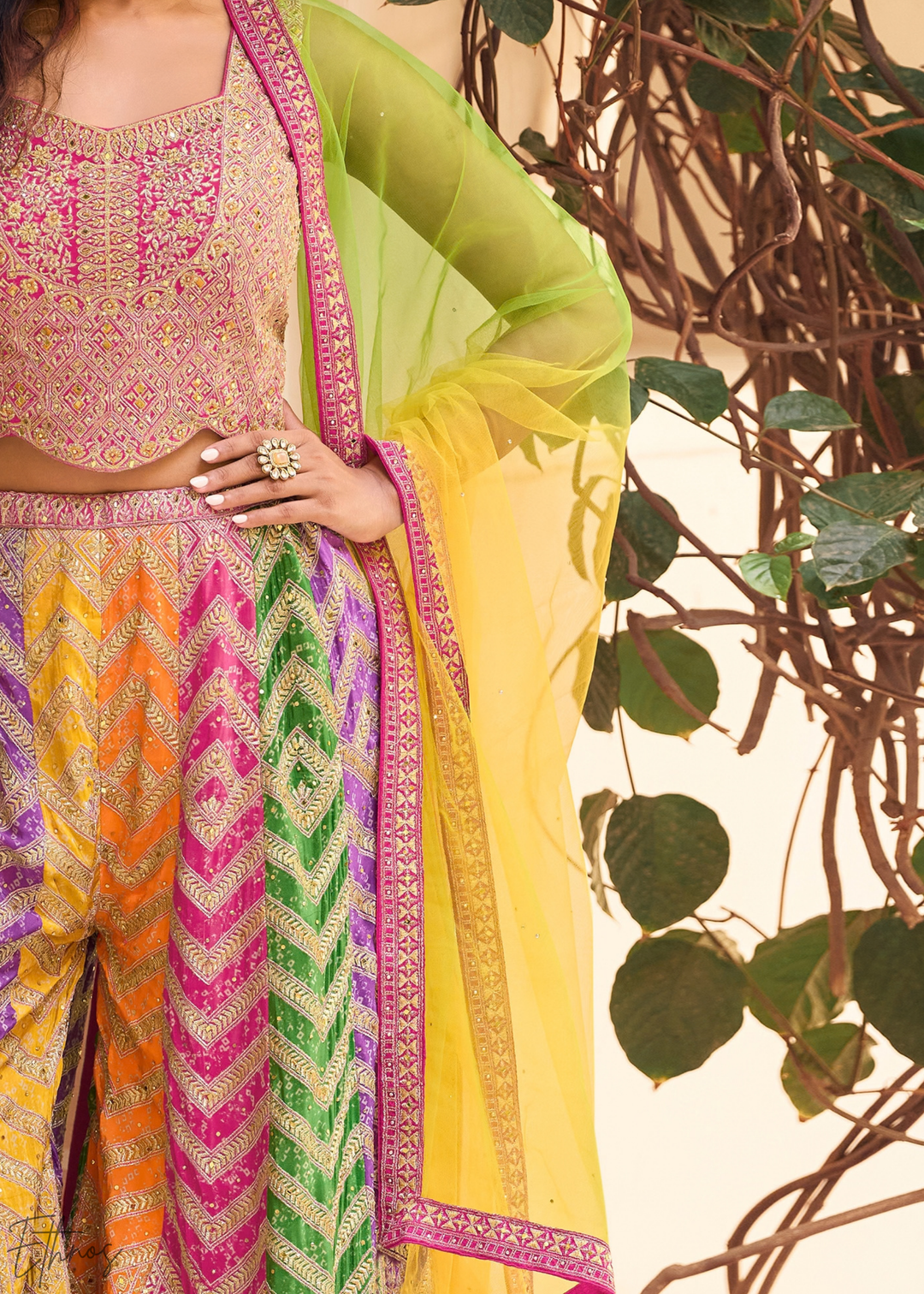 Multi Chevron Lattice Chinon Silk Crop Top Palazzo Set