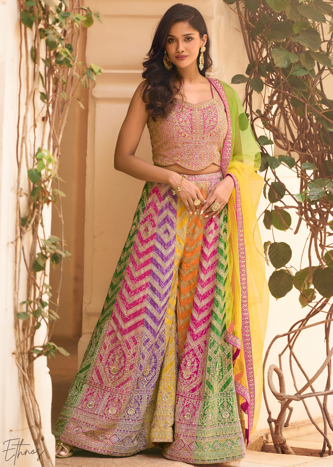 Multi Chevron Lattice Chinon Silk Crop Top Palazzo Set