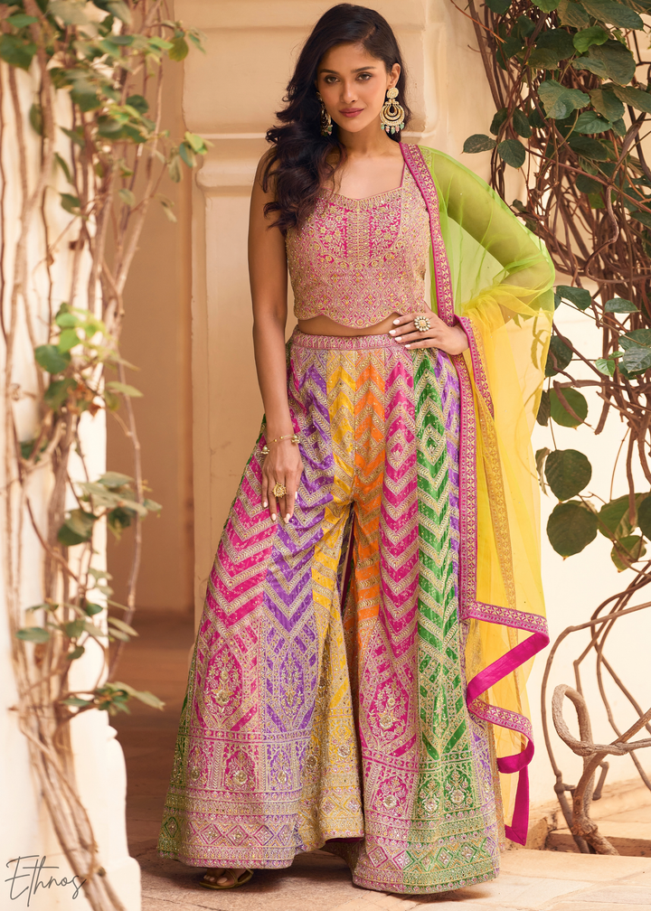 Multi Chevron Lattice Chinon Silk Crop Top Palazzo Set