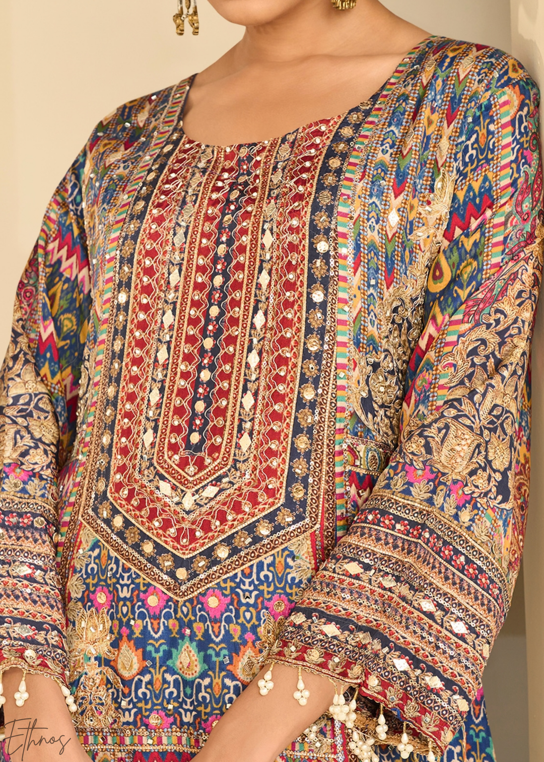 Multi Mosaic Tapestry Crepe Silk Flared Tunic Palazzo Suit