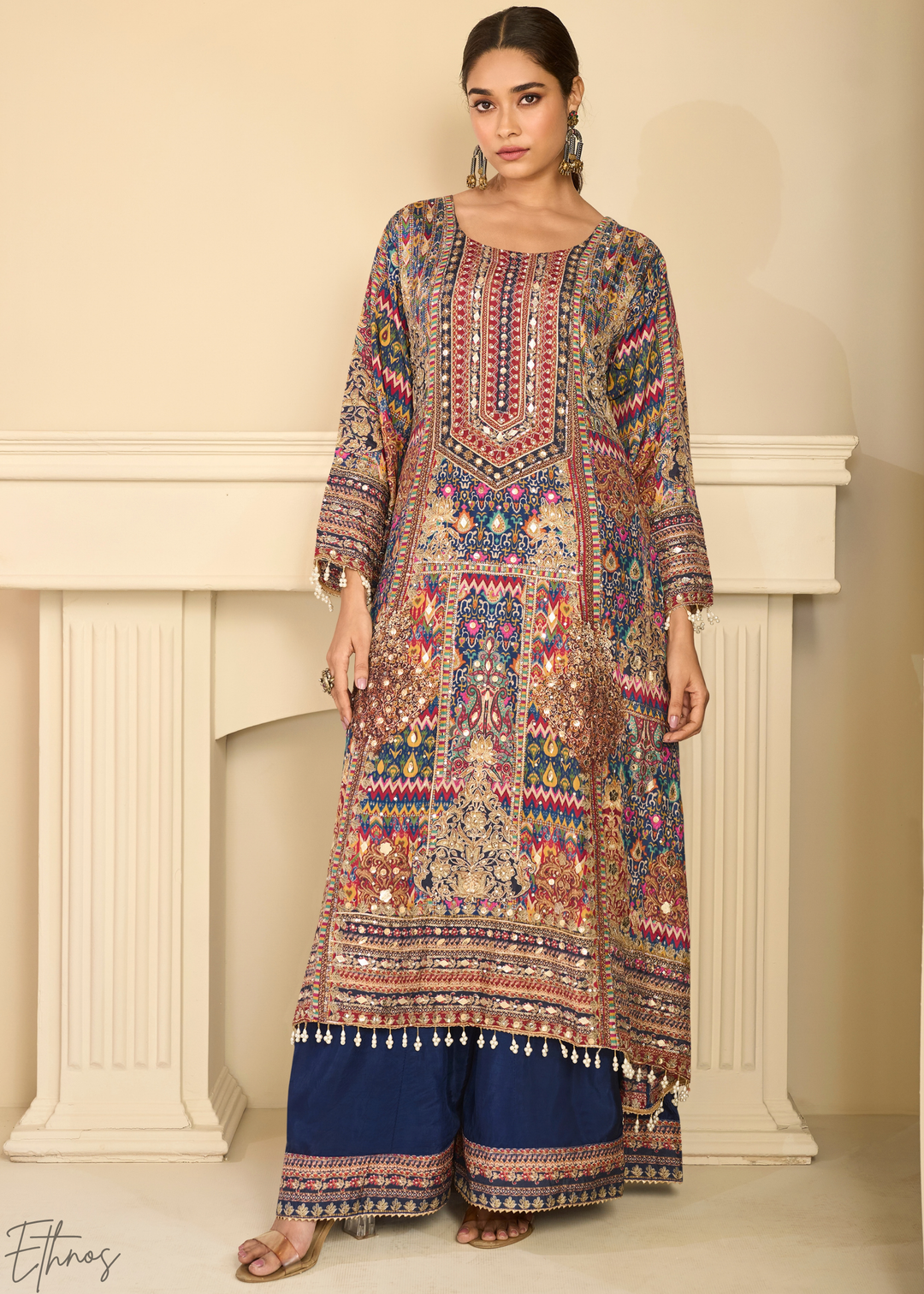 Multi Mosaic Tapestry Crepe Silk Flared Tunic Palazzo Suit