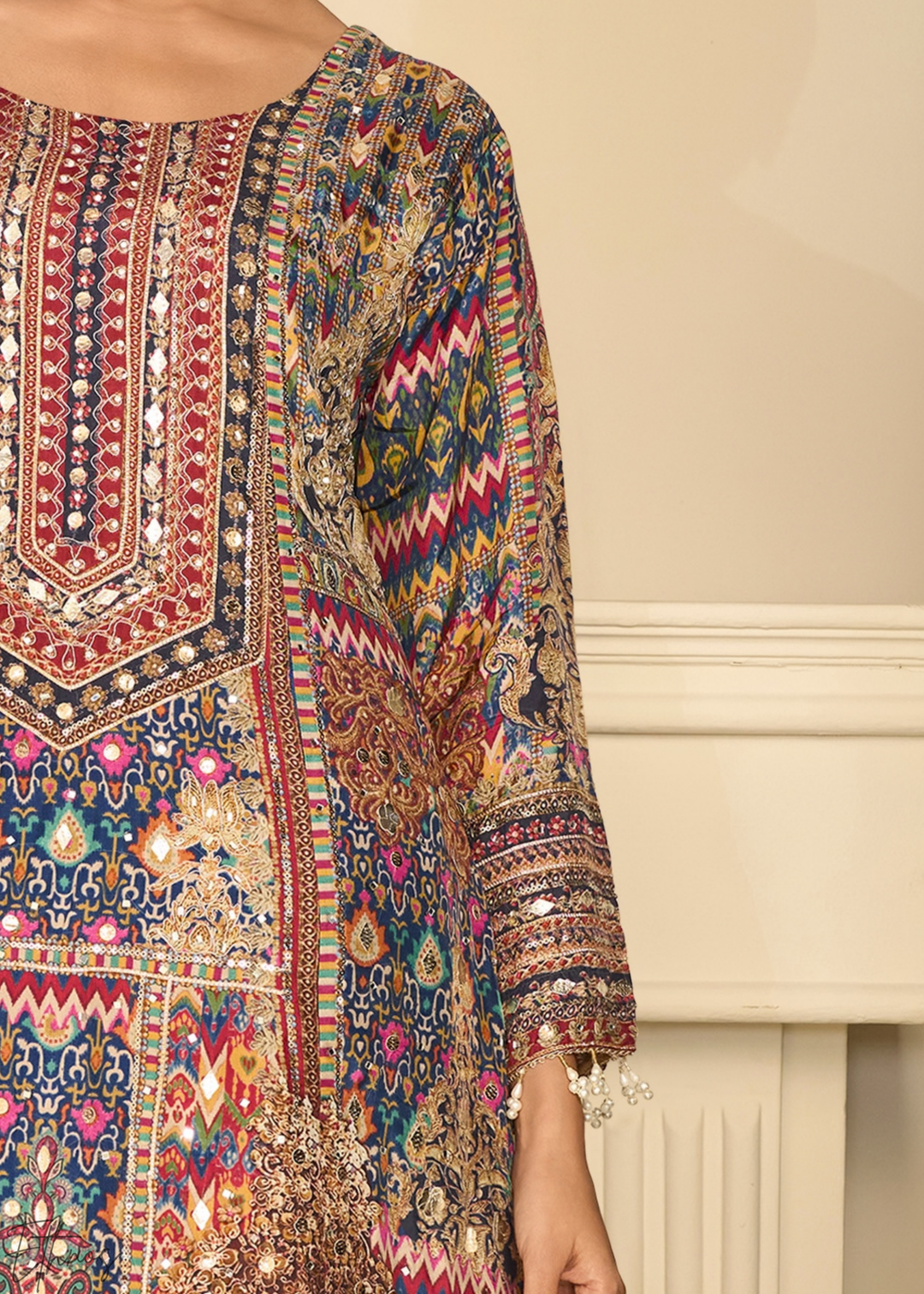 Multi Mosaic Tapestry Crepe Silk Flared Tunic Palazzo Suit