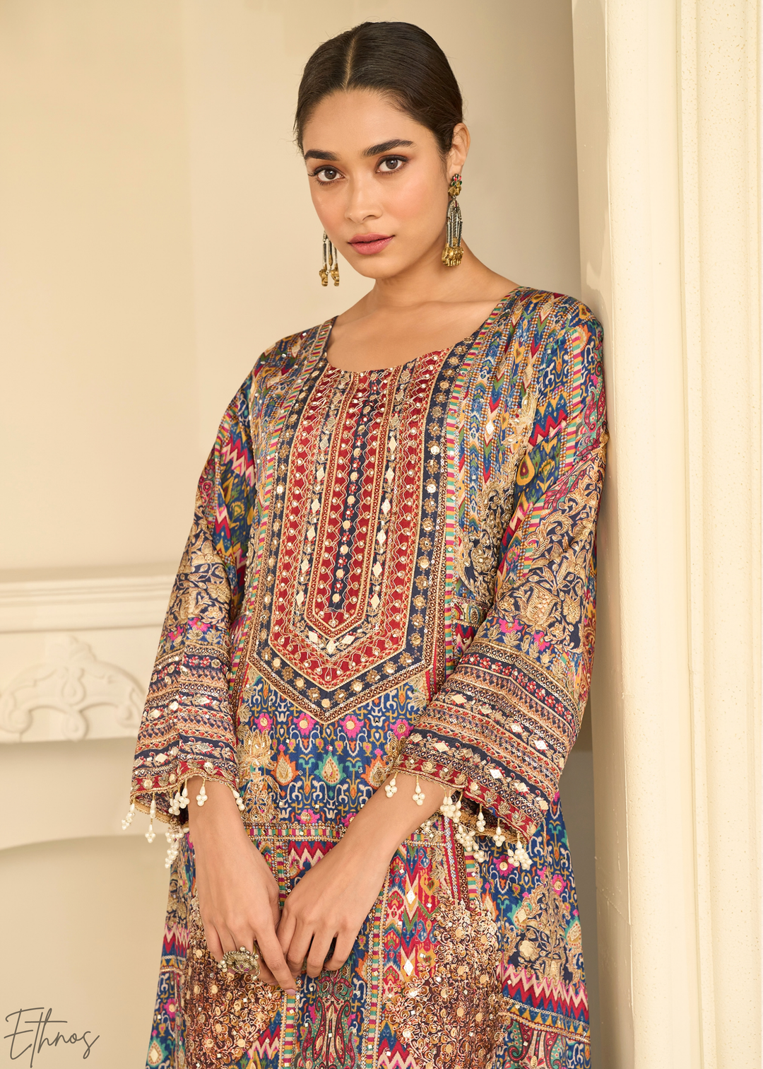 Multi Mosaic Tapestry Crepe Silk Flared Tunic Palazzo Suit