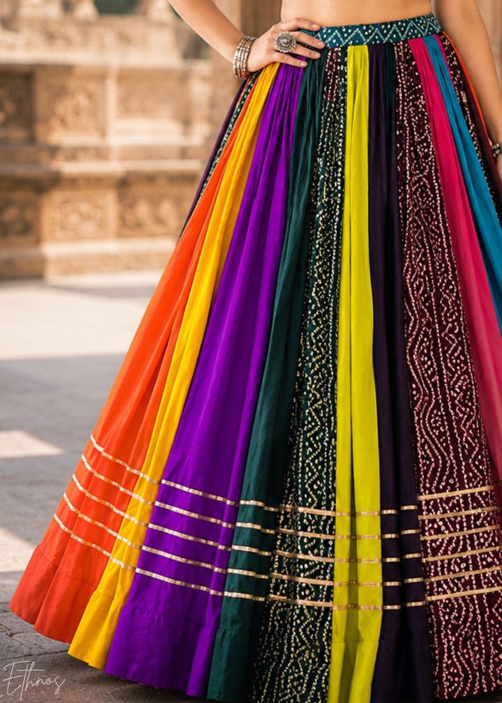 Multicolor Bandhani Panel Embroidered Cotton Silk Lehenga Choli