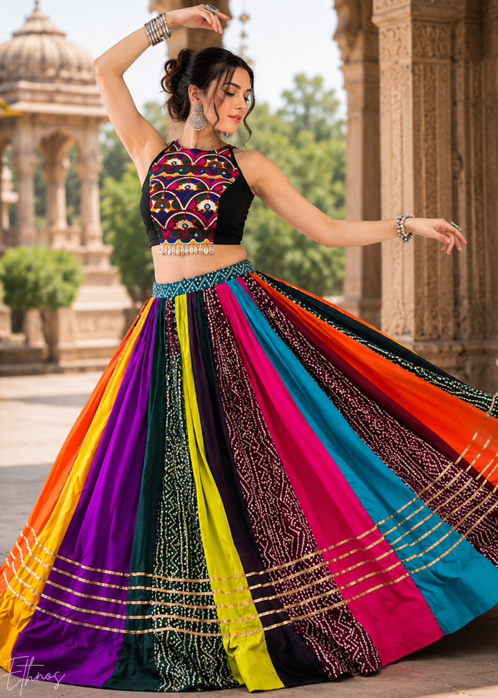 Multicolor Bandhani Panel Embroidered Cotton Silk Lehenga Choli
