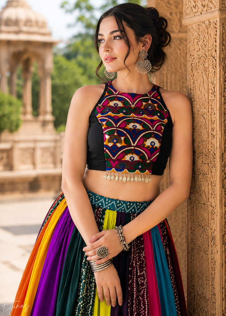 Multicolor Bandhani Panel Embroidered Cotton Silk Lehenga Choli