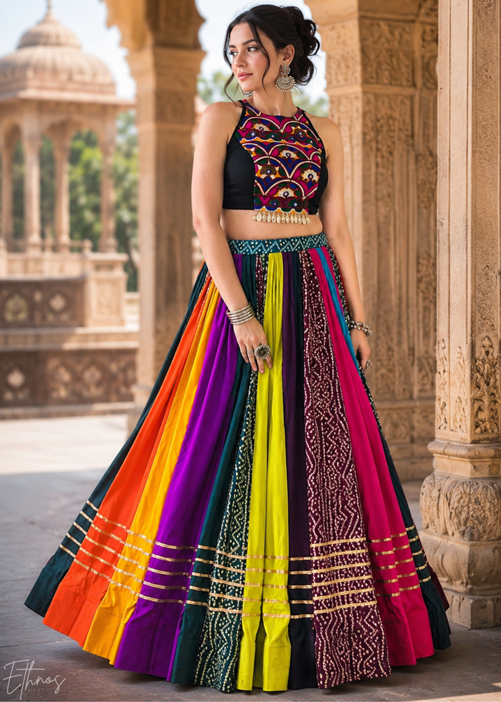 Multicolor Bandhani Panel Embroidered Cotton Silk Lehenga Choli