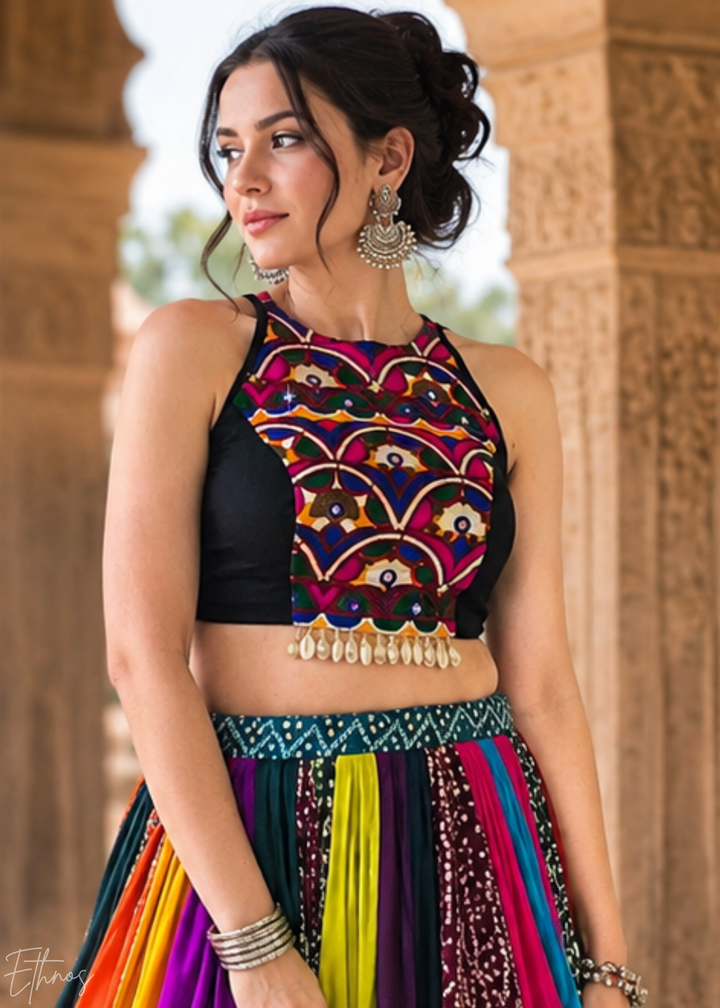 Multicolor Bandhani Panel Embroidered Cotton Silk Lehenga Choli