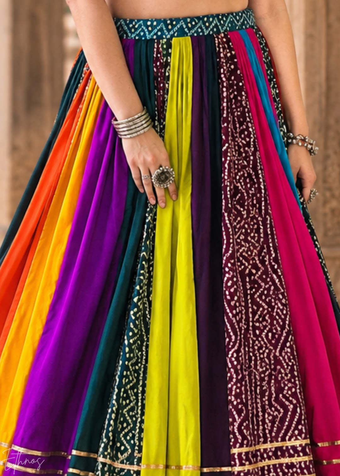 Multicolor Bandhani Panel Embroidered Cotton Silk Lehenga Choli