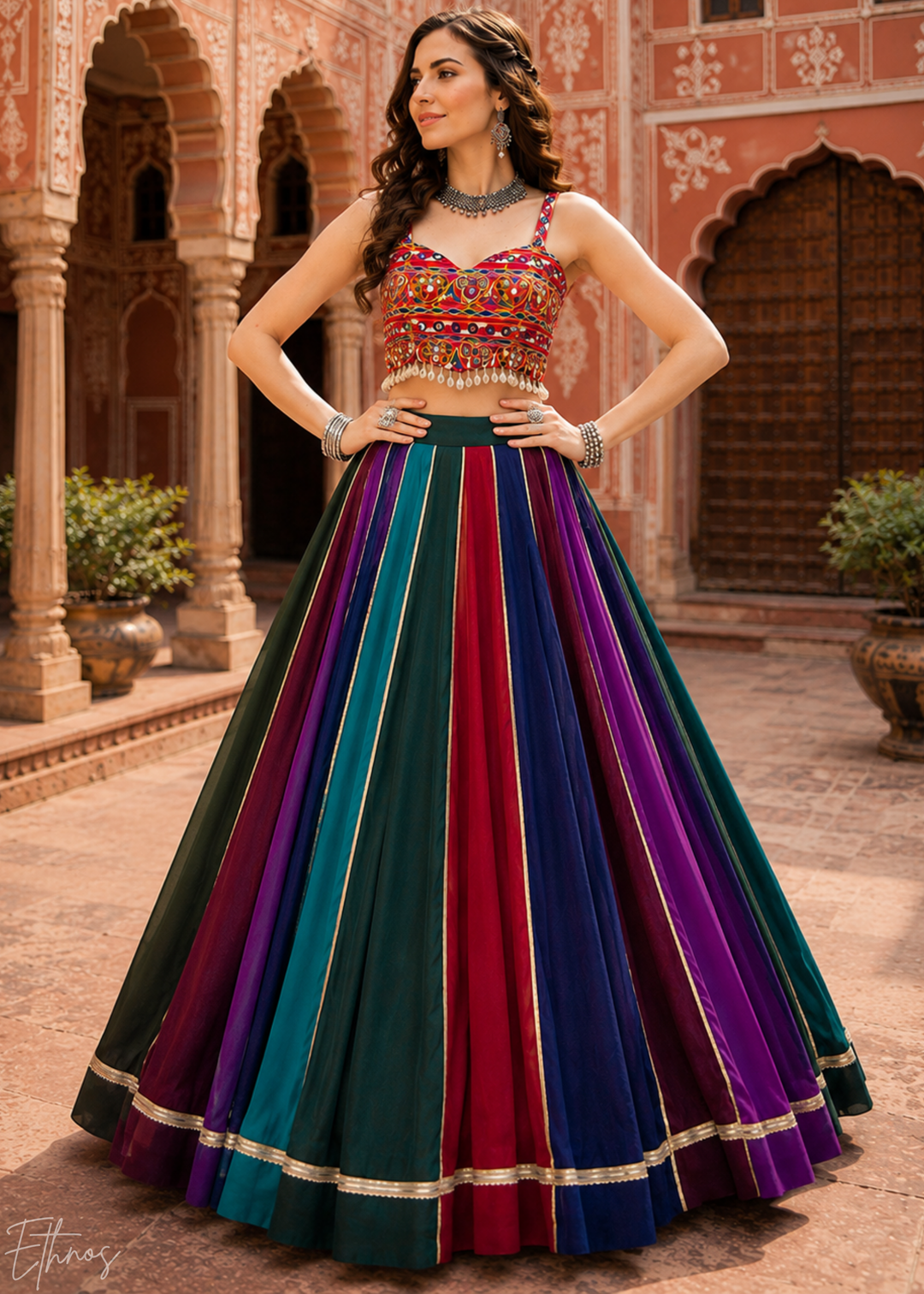 Multicolor Paneled Mirror Work Embroidered Georgette Lehenga Choli