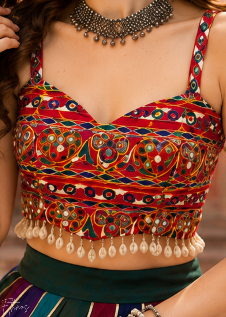 Multicolor Paneled Mirror Work Embroidered Georgette Lehenga Choli