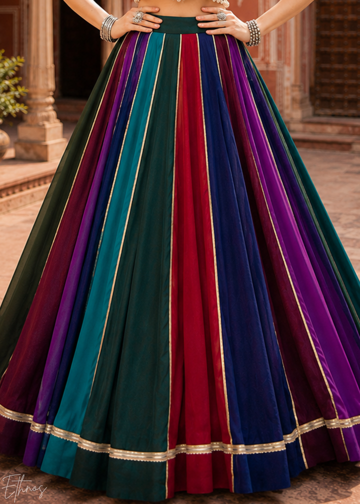 Multicolor Paneled Mirror Work Embroidered Georgette Lehenga Choli