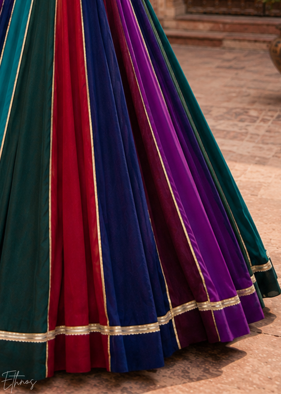 Multicolor Paneled Mirror Work Embroidered Georgette Lehenga Choli