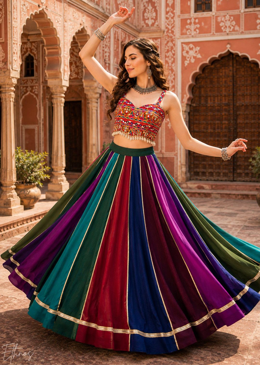 Multicolor Paneled Mirror Work Embroidered Georgette Lehenga Choli