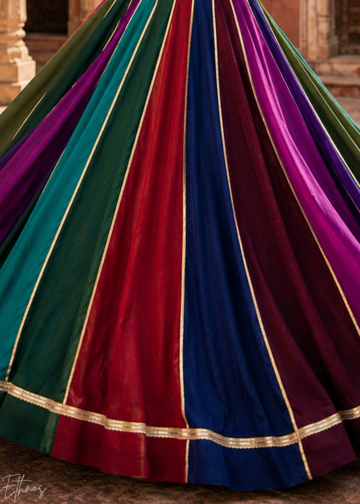 Multicolor Paneled Mirror Work Embroidered Georgette Lehenga Choli