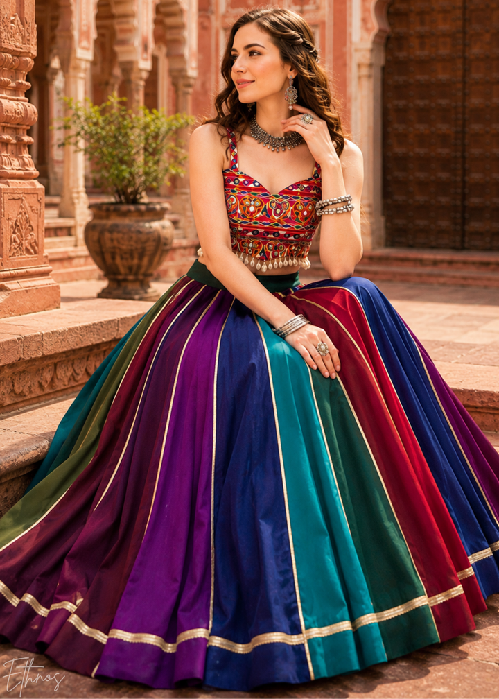 Multicolor Paneled Mirror Work Embroidered Georgette Lehenga Choli