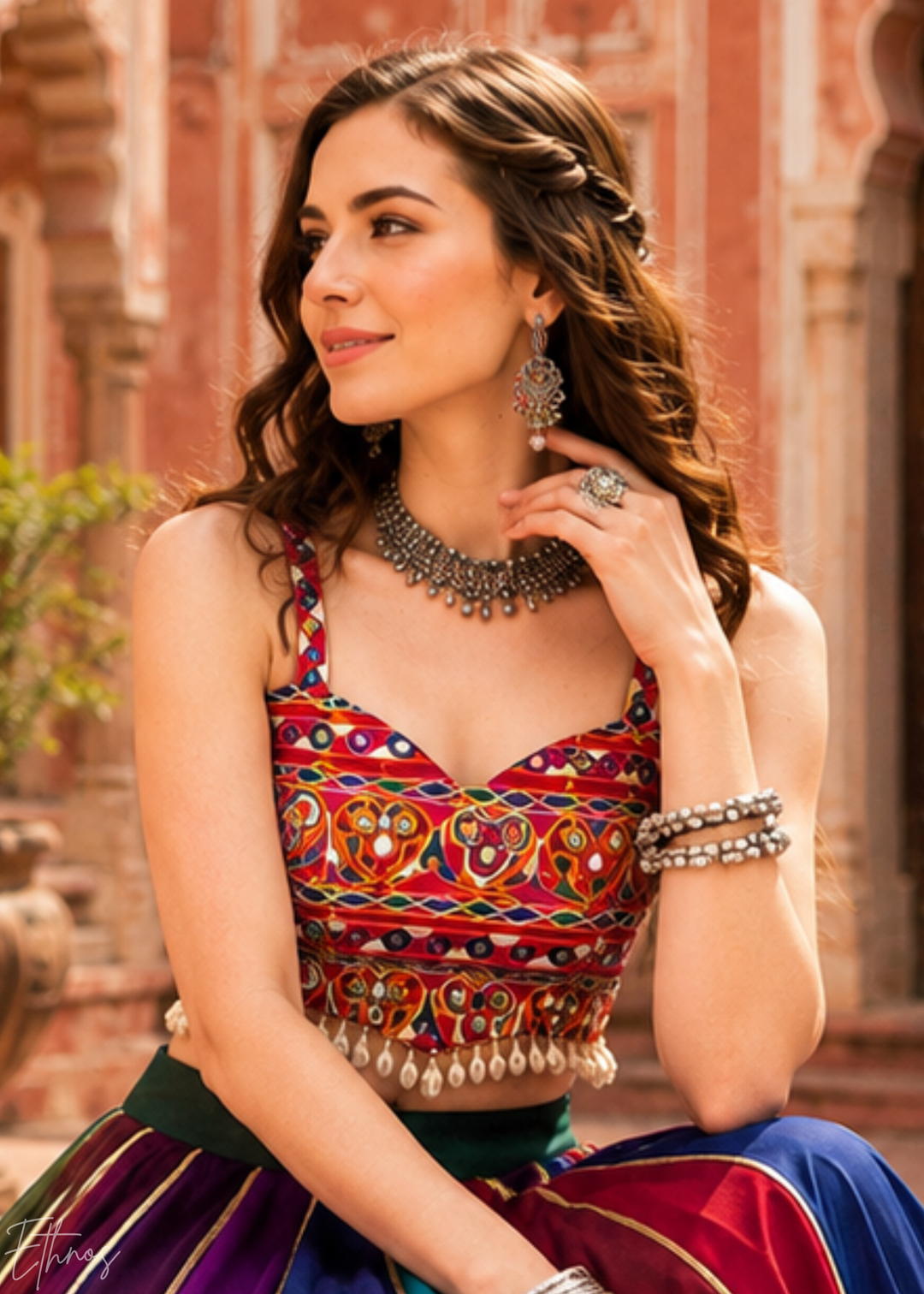 Multicolor Paneled Mirror Work Embroidered Georgette Lehenga Choli
