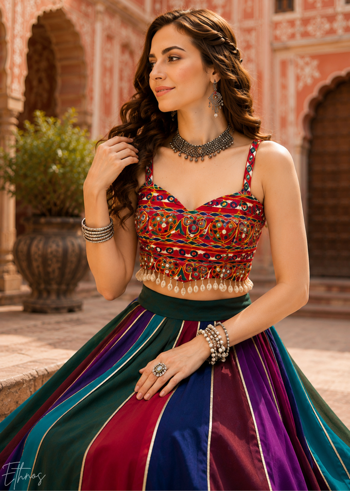 Multicolor Paneled Mirror Work Embroidered Georgette Lehenga Choli