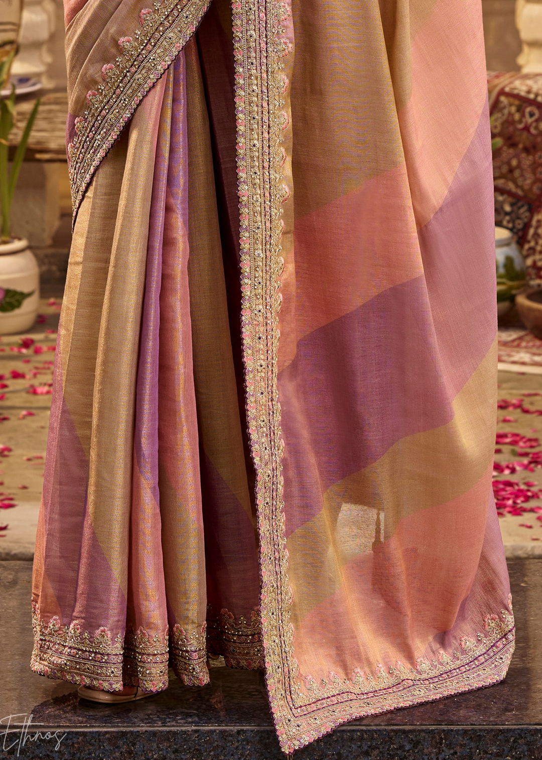 Multicolor Pastel Diagonal Striped Satin Silk Saree